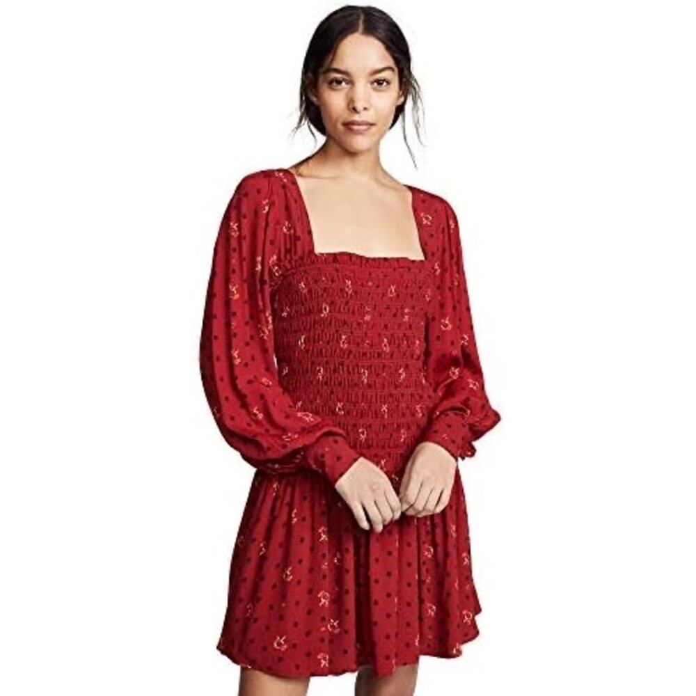 NWT Free People Red Floral Print Smocked Long Sleeve Mini Dress Sz M Cottagecore